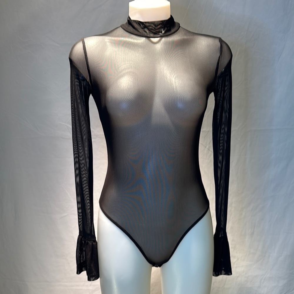 SHEIN Black Sheer Long Sleeve Mock Neck Mesh Bodysuit